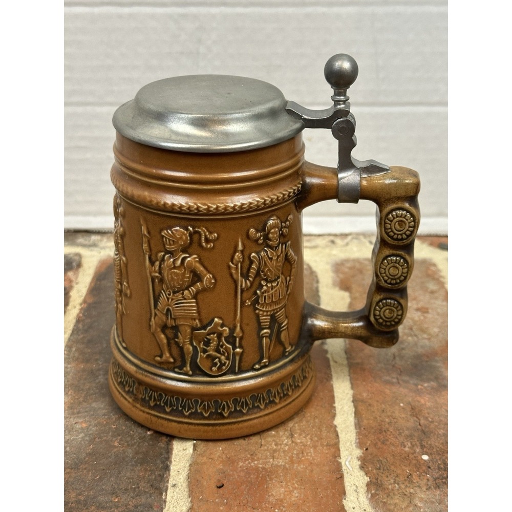 Vintage W. German Gerzit Beer Stein Pewter Hinge Lid Molded Men in Armor Knights